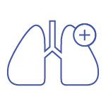 A blue circular icon with a white line drawing of the lungs and a plus sign, meaning reduced COPD exacerbations