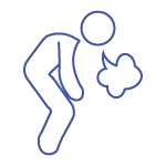 A blue circular icon with a white line drawing of a figure bent and out of breath, showing exercise