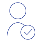 A blue circular icon with a white line drawing of a figure and a tick, symbolising patient comfort