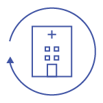 A blue circular icon with a white line drawing of a hospital, representing reduced admissions