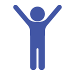 A blue circular icon with a white line drawing of a person with raised arms, showing quality of life