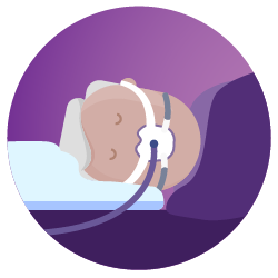 A round purple icon with a drawing of a man sleeping on his side while wearing a mask.