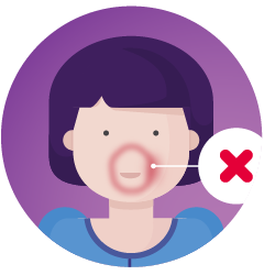 A round purple icon with a drawing of someone with red on their face with a cross next to it to symbolise lack of red marks.