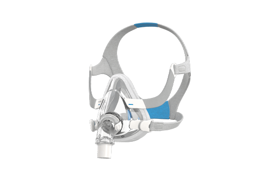 A cutout of the ResMed AirTouch F20 full face mask shown from the side against a grey background.