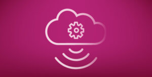 A white line drawing of a cloud with a cog inside and a Wifi icon beneath, on a pink background, symbolising remote setting changes in AirView.