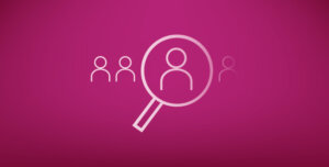Four white icons symbolising people, with a magnifying glass icon over one of them, on a pink background, to represent patient population management in AirView.