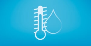 A white thermometer and water drop icon on a turquoise background, symbolising Climate Control.