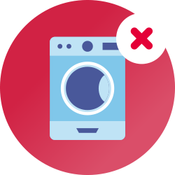 A red circle with a blue drawing of a washing machine inside with a red cross next to it to signify that washing machines or dishwashers should not be used to clean CPAP equipment.