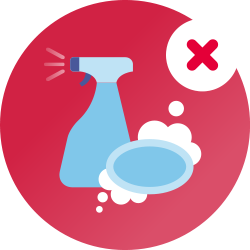 A red circle with a blue drawing of a bottle of cleaning spray and some foaming soap inside, with a red x to represent products that should not be used to clean CPAP equipment.