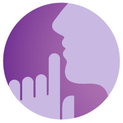 A round purple icon with a drawing of someone putting their finger to their lips to symbolise quietness.