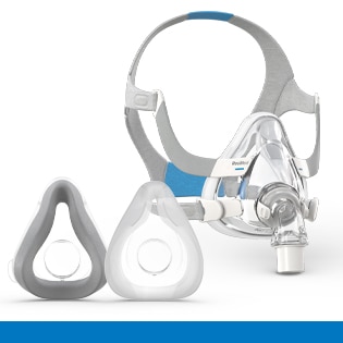 Cut-outs of the ResMed AirFit F20 full face CPAP mask and two cushion options.