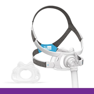 Cut-outs of the ResMed AirFit F40 full face CPAP mask headgear and cushion.