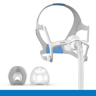 Cut-outs of the ResMed AirFit N20 nasal mask headgear and two cushion options.