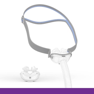 Cut-outs of the ResMed AirFit P10 nasal pillows CPAP mask headgear and cushion.