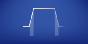 A white line drawing of a graph with a flat peak on a dark blue background, symbolising Rise time and Fall time.