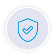 A round white icon with a blue line drawing of a shield with a tick inside it, signifying security.