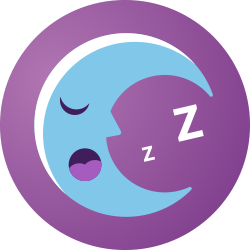 A round purple icon with a cartoon of a snoozing crescent moon inside signifying good sleep.