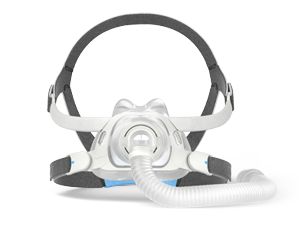 A cut-out of a ResMed CPAP mask, shown from the front