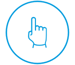 A white circle icon with a blue border and a pointing finger in the middle to indicate ease of use.