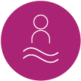 1A magenta circular icon with a white symbol of a person, with two wavy lines beneath