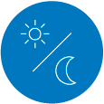 A blue circular icon with a white sun and moon symbol on it, denoting day and night