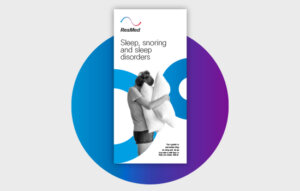 A cut-out of the ResMed ebook ‘Understanding sleep disorders’ against a background of a circle with a blue and purple gradient.