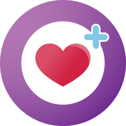 A round purple icon with a red heart inside and a plus sign representing getting more out of CPAP therapy