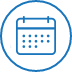 A blue circle icon with a calendar, representing time.