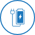 A blue circle icon with a line drawing of a smartphone being charged to represent plugging into a power source.