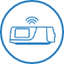 A blue circular icon with a line drawing of a ResMed device in the middle to represent device updates.
