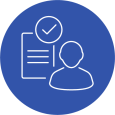 A round blue icon with a white line drawing of a clipboard and person, denoting inclusion.