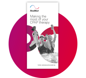 A red circle overlaid with the white cover of the ResMed ebook ‘Making the most of your CPAP therapy’.