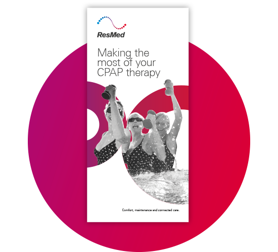 A red circle overlaid with the white cover of the ResMed ebook ‘Making the most of your CPAP therapy’.