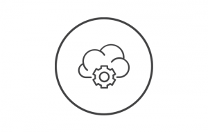 A black circular icon on a white background with a cloud and a cog symbol representing digital administration