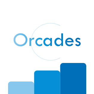 A logo with the word Orcades in blue above three blue bars of increasing height in different shades of blue