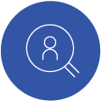 A dark blue circular icon with a white magnifying glass symbol on it, denoting search