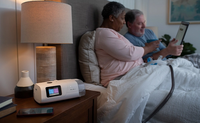 A couple in bed looking at an electronic tablet. The woman has an AirCurve 11 ASV PaceWave machine mask on her lap. The mask is attached to the device on her bedside table.