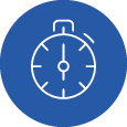 A solid blue circle icon with a line drawing of a stopwatch inside, symbolising study timings.