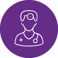 A solid purple circle icon with a line drawing of a doctor inside, symbolising study investigators.
