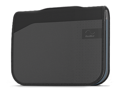 A cut-out of the dark-grey travel bag designed to carry ResMed Air11 devices.