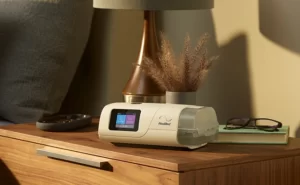 An AirCurve 11 ASV PaceWave adaptive servo-ventilation machine on a bedside table, alongside a lamp, reading glasses and a book.