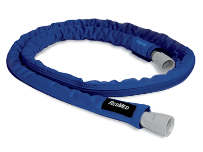 A cut-out of ResMed blue tubing wrap covering a length of air tubing.
