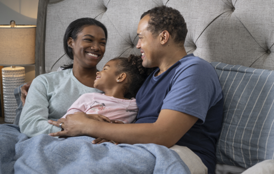 Happy family feeling connected after a good night’s sleep