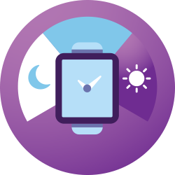 A round purple icon with a diagram of a watch and a moon and the sun inside to signify sleep night to day