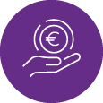 A solid purple circle icon with a line drawing of a hand cupping a euro coin inside, symbolising sponsors.