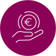 A round magenta icon with a white line drawing of a hand holding a euro coin, demoting sponsors.