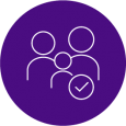 A round purple icon with a white line drawing of three figures and a tick, denoting patients.
