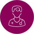 A round magenta icon with a white line drawing of a physician, denoting clinical investigators.