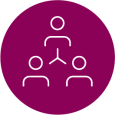 A round magenta icon with a white line drawing of connected figures denoting parallel groups studied.
